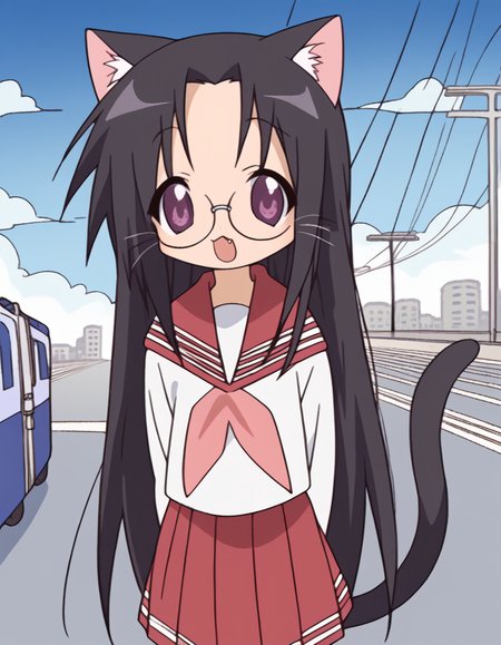 score_9, score_8_up, score_7_up, source_anime, <lora:hiyori-tamura-s1-ponyxl-lora-nochekaiser:1>, hiyori tamura, long hair, black hair, very long hair, purple eyes, glasses,, skirt, long sleeves, school uniform, pleated skirt, serafuku, sailor collar, neckerchief, red skirt, ryouou school uniform,, train station, waiting for train, suitcase, traveling, commute, city skyline, hands behind back,, , <lora:paw-pose-ponyxl-lora-nochekaiser:1>, paw pose, cat ears, cat tail, animal ears, tail, cat girl, open mouth, fang, whiskers,, looking at viewer, solo,, dutch angle, cowboy shot