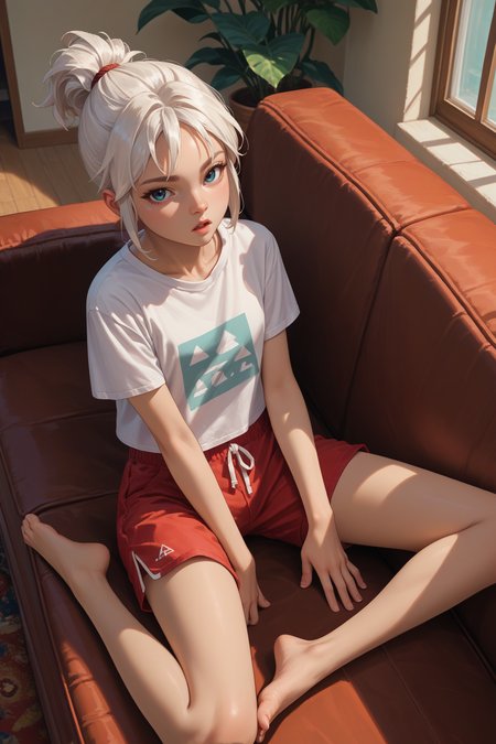 score_9, score_8_up, score_7_up, score_6_up, source_anime, 1girl, solo  <lora:valorantjett-pdxl-nvwls-v1-000005:1> valJett, white hair, short ponytail, white t-shirt, red shorts, sitting, couch, barefoot, looking at you, chestnut mouth, from above, indoors