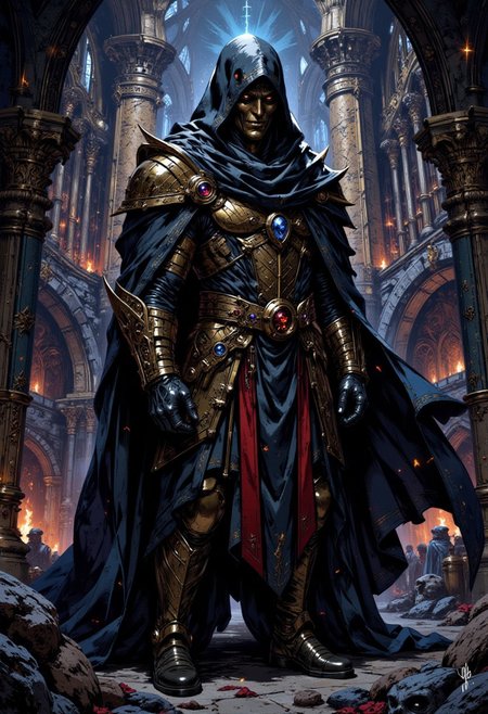 A highly detailed and vibrant digital painting in the style of ck-ib, DGC style, featuring Tall and lean, this elaborately robed and hooded figure, beneath the cowl is faceless and smooth reflective visor, reflecting a hard, cold world. The overall style is reminiscent of a fantasy or medieval theme, with a focus on cold confidence and existential dread. Dark fantasy, castle interior with detailed textures and dramatic, high-contrast lighting.