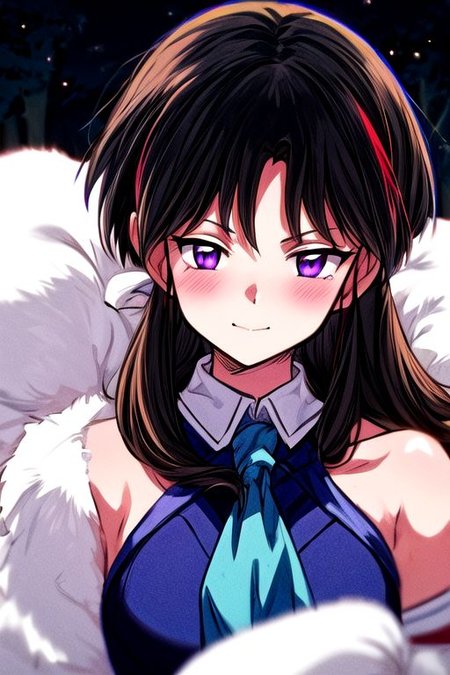 masterpiece,  best quality 1girl Setsun4 solo long hair,  (night time) forest background black hair very long hair purple eyes multicolored hair armor (fur trim) (medium body),<lora:EMS-179-EMS:0.800000>,<lora:EMS-293862-EMS:0.800000> bow, hair_bow, hair_tubes, red_bow, brown_hair, long_hair, bangs, ascot, frilled_bow, yellow_ascot, blush, smile, hair_between_eyes, athletic, armor