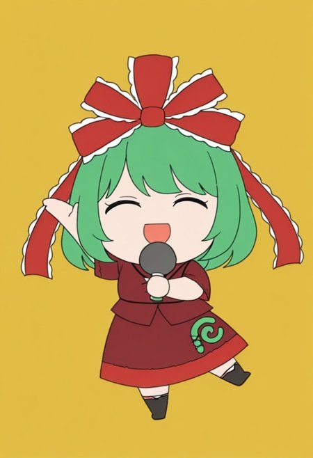 Kagiyama_Hina_\(touhou\) , 1girl, solo, smile, open mouth, simple background, holding, :d, yellow background, arm up, pose, smile ,^_^, microphone, full body, chibi, standing on one leg, <lora:Tetoris2:1>
