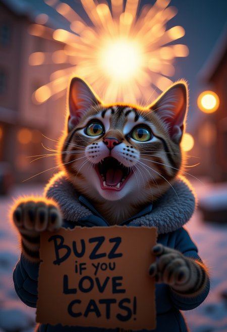 A cute cat, watching some fireworks with an over the top shocked facial expression, holding a sign  it says "Buzz If You Love Cats!", realistic, cinematic shot, head tilted back, large eyes, pointing at the viewer, winter,