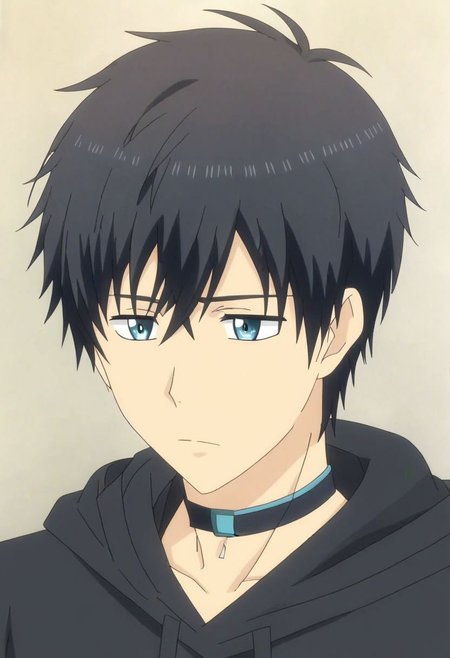 high resolution, solo, best quality, 1Boy, Arata Kaizaki, Black Hair, Blue Eyes, bangs, necklace, choker, hair between eyes, Hoodie, OverallDetail