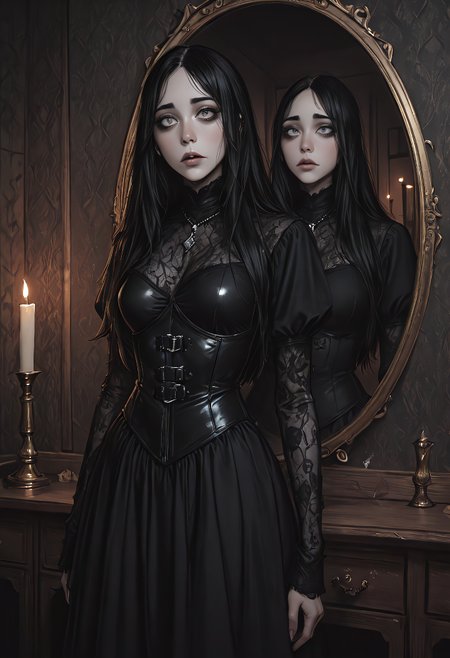 darkmode, (((best quality))), (((masterpiece))), (((amazing quality))), (((very aesthetic))), (((detailed eyes))), (((perfect eyes))), (((realistic eyes))), pale-skinned goth girl standing near an antique mirror, soft candlelight reflecting off her black leather corset and sheer mesh top, long black hair with full bangs, thick black glasses glowing subtly, deep eye contact with viewer, dark velvet curtain background, cinematic shadows, soft rim lighting, gothic jewelry, moody noir tone, faint haze, introspective atmosphere, 58mm lens,