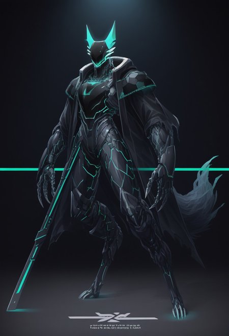 (((werewolf)))(stunning, magnificent, HD, photorealistic, dramatic lighting, intricate details, armor beautiful patterns, realistic , mythical, legendary, powerful, cinematic,, masterpiece, perfect anatomy, perfect composition, perfect hand,), , glowing core on armor, armor highly detailed patterns on armor), torn cloak , full body fits into the image, full body visible, ), claws, gauntlet, digital illustration of a futuristic, armored humanoid figure. The subject is dressed in a highly detailed, dark, and bulky exosuit with intricate mechanical components and white accents. The suit features various textures and layers, including a cloak-like garment with angular, geometric shapes. The figure's head is adorned with a helmet that has two antenna-like protrusions and a visor, giving it a robotic appearance. The suit has several logos and text in white, including a prominent circular emblem on the chest and arm. The overall design is sleek and modern, with a strong emphasis on technology and advanced, ,(((huge arms with cylinders mechanical components)))