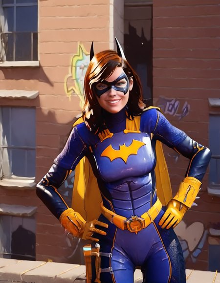 Batgirl, bodysuit, hands on hips, latex outfit, domino mask, smile, looking at viewer, source_9, rooftop, graffiti, <lora:Batgirl_-_Gotham_Knights_Pony:1>