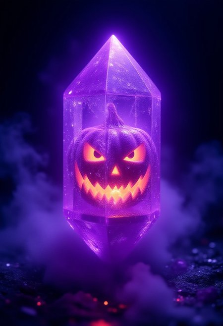 A magnificent, glowing purple crystal floats in mid-air, radiating an otherworldly aura. Inside the transparent crystal is an intricately detailed jack-o'-lantern, its carved face illuminated with a soft, flickering orange glow. The jack-o'-lantern's expression is mischievous, with sharp, angular eyes and a wickedly grinning mouth. The crystal reflects shimmering light in all directions, creating beautiful, vivid reflections on the surroundings. Ethereal energy pulses around it, casting a haunting glow across the dark, misty environment. The background is subtle, ensuring the focus remains entirely on the floating crystal and the mesmerizing jack-o'-lantern inside.