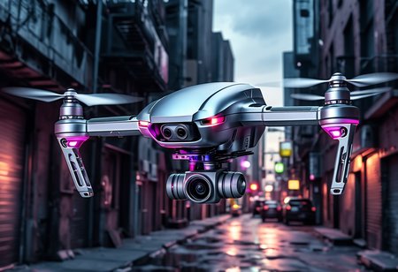 award winning, (professional photo) of (camouflaged small metallic-silver drone) with aluminum-alloy body, hybrid engines,   the drone is flying over  a dark futuristic city, featuring shadowy alleys, neon lights, an ominous vibe, at dusk, , creative, beautiful, vibrant, masterpiece, 64k, UHD, HDR, full view, atmospheric lighting, extremely detailed