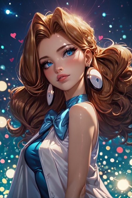 score_9, score_8_up, score_8, medium breasts, (curvy), cute, eyelashes,       BREAK, , <lora:Molly_Pokemon_PDXL:0.8>,  zzMolly,  blue eyes, brown hair, parted bangs, long hair,  jewelry, earrings, bow, bowtie, sleeveless, blue bow, dress, white coat,  , BREAK,  (ultra realistic,32k, masterpiece:1.2),(high detailed skin:1.1),( high quality:1.1), curvy, head tilt, hearts, blush, lips, curvy, head tilt, shiny clothes, (upper body), looking at viewer, bokeh, luminescent background,  embedding:zPDXL, Expressiveh,  <lora:RlAnmPDXL:1.0>,