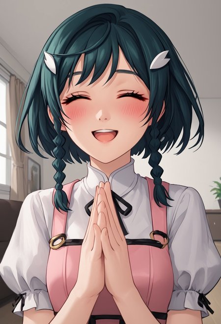 score_4,score_5,score_6,score_7_up,score_8_up,score_9
((masterpiece,best quality,ultra detailed,highres,HD,4k:1.2)),
1 cute girl,
upper body,1girl, solo, medium hair, dark green hair, braids, two braids, yellow eyes,  pink top, ribbon on clothes,white pants skirt, pantyhose, black footwear, boots, white shirt, short sleeves, puffy sleeves, hair ornament,
room, living room, open mouth,closed eyes, blush, happy, smile, put your hands together,