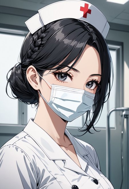gorgeous lips, cinematic, (masterpiece), (best quality), (ultra-detailed), very aesthetic, perfect composition, intricate details, absurdres, detailed face, (anime, masterpiece, intricate:1.3), (best quality, hires textures, high detail:1.2), (4k),(incredibly detailed:1.4) 
 graceful face, slim, big breasts, constricted waist, nice body, lips, arrogant look, villain, 1woman, evilish smile, high pointed nose, (nostrils:1.3), neatly, 22-year-old woman, gray shirt soaked, pale skin, black eyes, bob hair, black hair, evil look,
konomi baba (million live); single braid, side braid, hair over shoulder, (best quality), (high quality), {masterpiece}, perfect hands, extremely delicate and beautiful, ultra-detailed, beautiful detailed eyes, nurse, nurse hat, ((white nurse's outfit)), white legwear, zettai ryouiki, hospital room, ((white surgical mask)), covered nose, standing