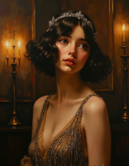 A close up portrait oil painting of Princess Cinderella, set in the opulent surroundings of a grand Gatsby-era ballroom. She is wearing a shimmering 1920s flapper dress adorned with intricate beadwork and fringes that catch the light and headband complements her chic bob hairstyle.
Focus on the Cinderella, shadow and light, Masterpiece, intricate lines, intriguing atmosphere, sharp magnificent details, delicate features, elaborate details, (2\3 rule composition:0.5), ultra detailed, romantic, Rembrandt lighting, brush stroke, lovely, del1cate_balance style, novuschroma, in the style of Rembrandt. vantablack <lora:style_of_Rembrandt_FLUX_135:.8> <lora:- Flux1 - vanta_black_V2.0:.3> <lora:Delicate_Balance:.3> <lora:113_novuschromaFLX_1:.2> <lora:neeeg_f1:-1>
