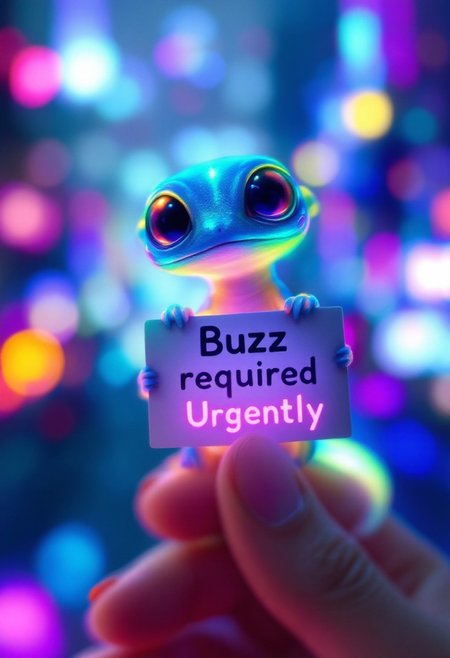 A tiny alien gecko with translucent, holding sign board, that reads text"Buzz required Urgently" bold text, neon texture decorated by glowing mushrooms, alien crystalline skin that refracts light into dazzling rainbow colors. It has six delicate limbs, two of which are curled in a cute resting position. Its tail has a jelly-like glow, shifting in hues of cyan and fuchsia. It clings lightly to the personas fingertip, looking up with bright, intelligent eyes. The background is a blurred futuristic cityscape, filled with neon holograms and colorful bokeh lights.