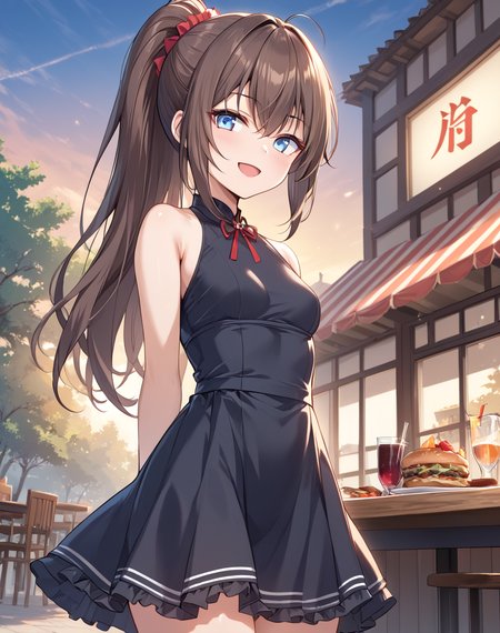lu_xiaoyu, brown hair, long hair, blue eyes, ponytail, black dress, small breasts, petite  BREAK outdoors,restaurant  BREAK looking at viewer, sexy face, sexy smile, open mouth, cowboy shot, arms behind back BREAK score_9, score_8_up, score_7_up, source_anime ,zPDXL, <lora:Lu_Xiaoyu:0.8>, solo
