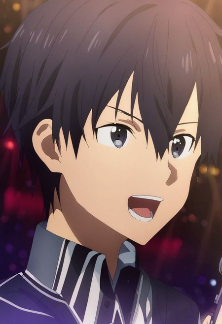 high resolution, solo, best quality, 1Boy, Kazuto Kirigaya, Black Hair, Black Eyes, singing, portrait, dept of field, virtual concert, playing musical instrument, OverallDetail