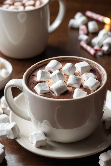 A steaming mug of hot chocolate topped with marshmallows, perfect for a cozy winter day.