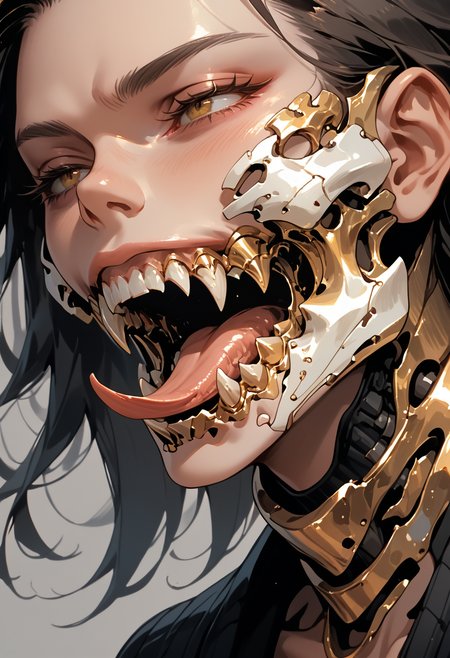 score_9, score_8_up, score_7_up, highly detailed, 1girl, solo, medium breasts, simple background, mechanical jaw, fangs, forked tongue, mechanical teeth,
 <lora:ArmorPunkV4:1> arm0rpunkv4,