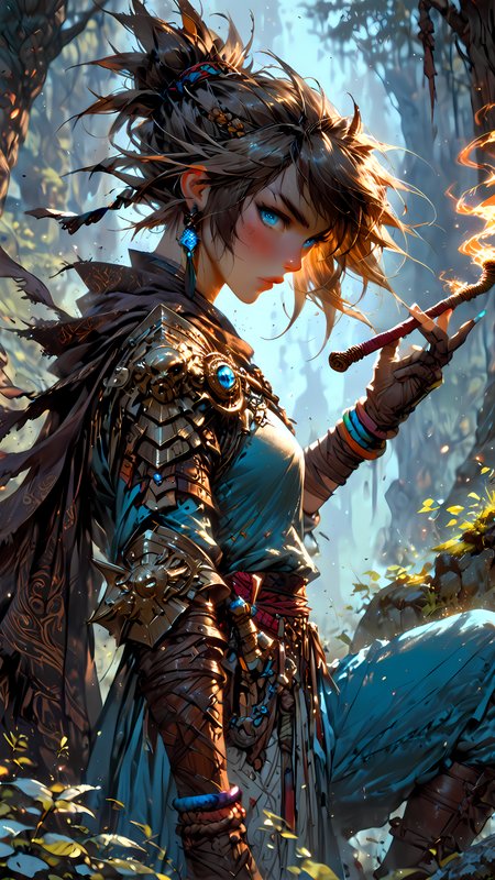 score_9, score_8_up, score_7_up, An illustration of a fierce character, photo-enhanced, fatasy, girl, dnd, d&d, fighter, ranger,
brown hair, mid length hair, forest, dew, tied hair, human, piercing blue eyes, ear piercings, bangles, hunting, looking at viewer, view from side, suppressed face, leather mountain gear, slim, skinny, petite, wind blown hair,  on one knee, tobacco pipe, 
<lora:HKStyle_V3:1> <lora:extremely_detailed:1>  <lora:Fant5yP0ny:1>  <lora:disgusted_face_xl_goofy:1>  <lora:Flash_Glowing_Runes_SDXL:1>