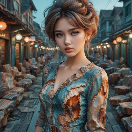 20 year old, blush, exotic, seductive, smirk, fashion, model, fine art photography, iconic, dynamic angle, dynamic pose, macro, photograph, intricate background, Vietnamese (fashion icon:1.2) , Artistic, Gold hairstyle, Aesthetically Pleasing Turquoise Eyes, at Blue hour, wearing a short dress made of Petrified Wood,  Frightening, Interpolation, Fujicolor Superia X-TRA 400, 50mm, Offset print, RAW photo, highly contrasted, contemporary fine detail, highly intricate, detailed, stunning