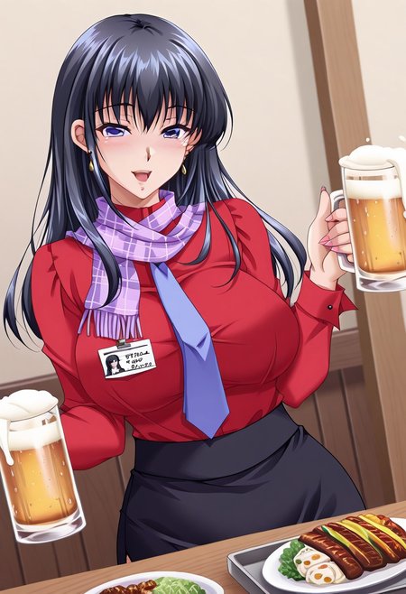 masterpiece, best quality, newest, highres, uncensored, 1girl,Suou Yuki,Black hair, Long hair,cyan eyes,large breasts,earrings,sexy red shirt,1girl, beer, alcohol, food, long hair,smile, cup, mug, scarf, necktie, :d, holding, indoors, name tag, beer mug