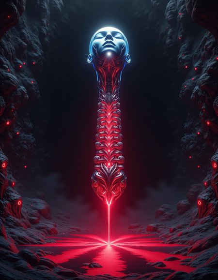 a floating head with its eyes closed attached to an isolated cybernetic spine hovering above a ritual altar in a dark cave. a red glowing neon fluid flows through the spine layers into multiple pipes that flow to the floor, the walls have eyes  <lora:Dever_Flux_Enhancer:0.5>  <lora:dvr-transformers-flux:1>