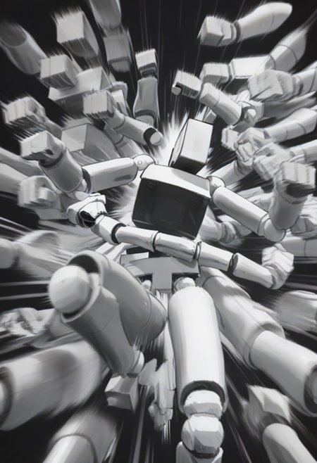 Score_9, score_8_up, score_7_up, BoxPerson, monochrome, greyscale, no humans, robot, mecha, humanoid robot, rushpunch,punching,multiple hands,fists,clenched fists,(motion_blur:1.2),(motion line:1.1),speed_lines