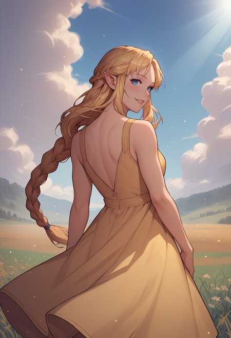 score_9,score_8_up,score_7_up, source_anime, 1girl, solo, <lora:asekr-ponyxl-beta4-10:1> AseKR, pointy ears, long hair, blue eyes, blonde hair, long braid, from behind, from behind, yellow sundress, meadow, field, looking back, looking at viewer, smile, parted lips, sunbeam, radiant, light particles, crepuscular rays, outdoors, blush,
