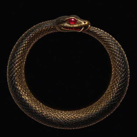 Glowing Snake,Ouroboros, 8k, high resolution, fine quality, high quality, very detailed, photo realistic, snake eating its own tail, snake with its tail in its mouth, snake, solo snake, detailxl, background, snake has a ruby as an eye.