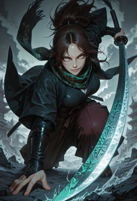 masterpiece, best quality,high quality, newest, highres,8K,HDR,absurdres, 1girl, mature female, solo, ponytail, long dark brown hair, glowing grey eyes, slit pupils, sexy smile expression, black and green checker patterned scarf, black kimono, haori, hakama pants, katana, samurai fantasy battlefield, stormy sky, dynamic pose, intense lighting, detailed background, depth of field, dynamic composition, foreshortening, detailed background, dynamic pose, dynamic composition,dutch angle, detailed backgroud,foreshortening,blurry edges <lora:iLLMythG0thicL1nes:1> G0thicL1nes