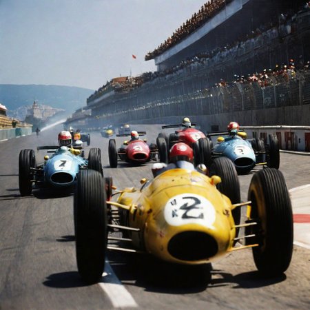 Monaco 1940s,Grand Prix,racing cars, one in front, cars behind blurred, all cars kept within frame, low angle view,
frame of picture,racetrack,outdoors,
sky blue,day,motion blur to wheels, some dust, keep cars size proportionate and perspective,
facing forward, close race, one driver per car, reflection in helmet visas,
cloud,tree,blue sky,_p_style, all with drivers, racing drivers, drivers heads all facing forwards, all wearing helmets,red car, blue car, yellow car, green car,ferrari,text MONACO on barriers, well drawn numbers on cars<lora:VintagePPXL:1>, (masterpiece, best quality, ultra-detailed, best shadow), high contrast, (best illumination), ((cinematic light)), colourful, hyper detail, dramatic light, intricate details, ultra detailed artistic photography, backlit, shadows, ultra high definition, 8k, ultra sharp focus, ultra high quality, soft lighting, film photography, analogue photography, hyperrealism,