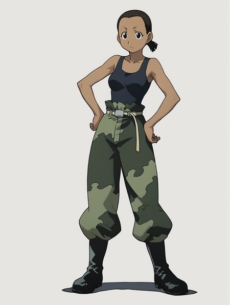 score_9, score_8_up, score_7_up, 1girl, solo, source_anime, aninyaFMA, dark-skinned female, boots, camouflage, tank top, black hair, black eyes, ponytail, <lora:PaninyaFMA:1>  white background, simple background, full body, standing, hand on hips,