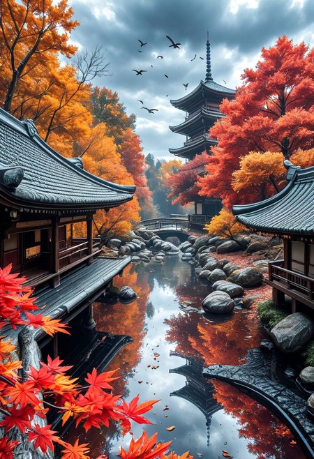 SmoothNoob_Quality, no humans, east asian architecture, autumn, autumn leaves, bare tree, bird, branch, cloud, cloudy sky, falling leaves, forest, nature, outdoors, scenery, sky, <lora:Smooth_Booster:0.5>​​​