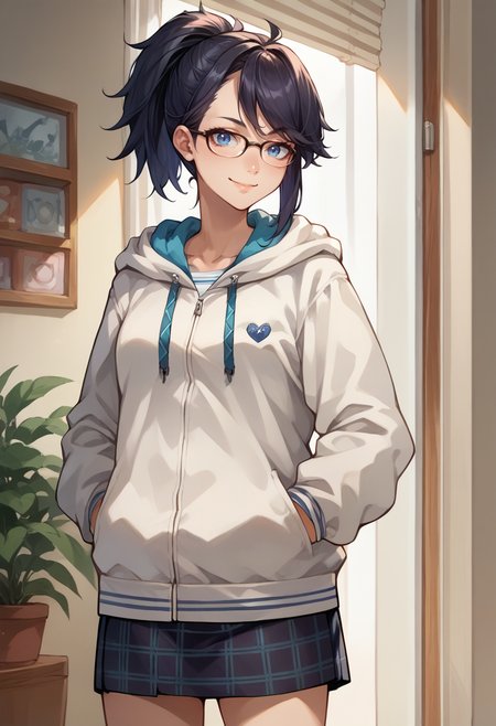 score_9, score_8_up, score_7_up, source_anime, Kson, black hair, blue eyes, ponytail, glasses, indoors, plaid skirt, hoodie, smile, hands in pockets, <lora:ChamKsonPonyXL:1>