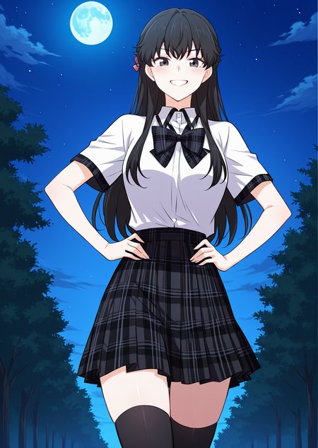 <lora:Immortal_Swordsman_In_The_Reverse_World__Jiang_Lian:1>
1 girl, solo,long black hair, straight hair, bangs, hair bun, black eyes,
school uniform, short sleeve shirt, white shirt, plaid skirt, black plaid, big ribbon bow, thigh high socks,
score_9, score_8_up, score_7_up, very aesthetic, source_anime, detailed, high quality, beautiful, masterpiece, very aesthetic, high definition, amazing quality, highres, absurdres, outdoors, looking at viewer, smile, grin, hands on hips, night, blue moon