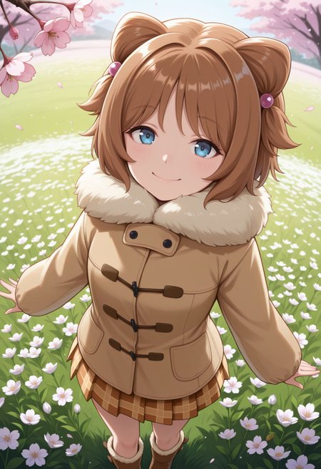 masterpiece,best quality,absurdres,highres,very aesthetic,high quality,detailed,insanely detailed,beautiful,perfect lighting, looking at viewer, outdoors,cherry blossoms,standing,cowboy shot,smile, flower field, from above ,
<lora:Yuko illu:1> 1girl, short hair, brown hair, blue eyes, hair ornament brown coat, fur trim, , long sleeves, plaid skirt, fur collar, hair bobbles, pleated skirt, brown footwear