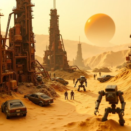 microworldlora. 
Image of a detailed miniature scene of a sun-scorched desert wasteland, where shifting dunes of golden sand engulf the twisted remains of a modern city. Rusted skeletons of skyscrapers rise crookedly from the ground, their metal frames bent and collapsing under the weight of time. Near the base of the ruins, abandoned vehicles are half-buried in the sand, their glass shattered and frames corroded. A few tiny scavengers in tattered clothing sift through the debris, looking for valuable scraps, while a lone, rusting robot stands sentinel, partially sunken in the sand. The sky is a pale yellow, with a massive sun hanging low, casting long, harsh shadows. In the distance, a dust storm brews, slowly swallowing the horizon in an ominous cloud of sand and destruction.