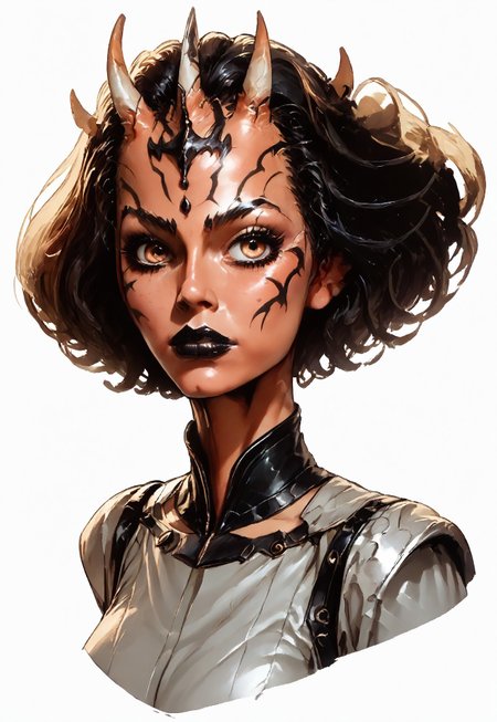 (score_9, score_8_up), score_7_up, source_anime, novuschroma43 style,  female Dathomirian Zabrak alien wearing jedi robes over heavy armor, many small white horns, t4s14, conceptart,multiple views,white background,simple background