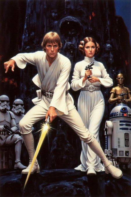 jober1 illustration.
A scene from the Star Wars universe. It features Luke Skywalker and Princess Leia, in the midst of a battle scene. Luke, on the left, is a young man with short, sandy blonde hair, dressed in white Jedi robes, including a tunic, pants, and belt, holding a glowing lightsaber. He is in a dynamic pose, crouched and ready to strike. Princess Leia is holding a blaster, in the background we see R2-D2 and C-3PO on the right. A group of stormtropers are on the left.
 <lora:jober1_cap_d6a3e12:1.0><lora:819113592923257198:0>
