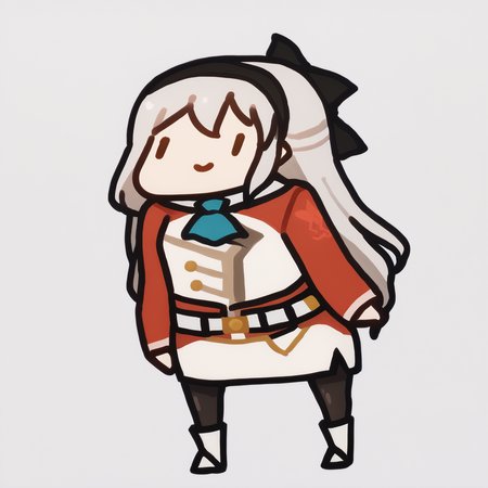 score_9, score_7_up, <break> chibi, simple background, white background, full body, solo, 1girl, zeroElie, smile, standing, black hairband, hair ribbon, long hair, ascot, uniform, long sleeves, red sleeves, white dress, pencil skirt, belt, black pantyhose, white boots