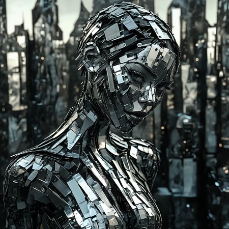 franglamex  professional photo cyborg girl in city  made of metal, high details and very detailed, cinematic, professional light, black background <lora:franglamex:1>