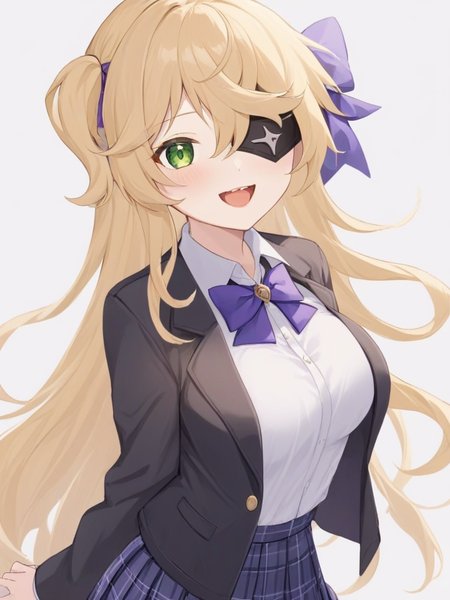 <lora:è²è°¢å°:1>ï¼1girl, fischl_\(genshin_impact\), green_eyes, eyepatch, skirt, solo, blonde_hair, shirt, plaid_skirt, bow, plaid, two_side_up, white_shirt, open_mouth, bowtie, long_hair, purple_bow, smile, jacket, purple_skirt, school_uniform, looking_at_viewer, purple_bowtie, hair_ribbon, bangs, ribbon, pleated_skirt, collared_shirt, breasts, teeth, black_jacket, white_background, upper_teeth_only, alternate_costume, hair_over_one_eye, :d, simple_background, long_sleeves, open_clothes, shirt_tucked_in