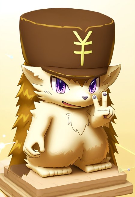 score_9, score_8_up, score_7_up, score_6_up, furry, cute, simple background, solo, kemono, hedgehog, hat with yen sign, male, full body, solo, male focus, hedgehog inaho, hat with japanese yen sign, purple eyes, beauty eyes, bluey style, lv1rubili, 3d, realistic, sidelighting, backlighting, depth of field, lens flare, pure white fur, happy face, blender style