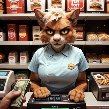 score_9_up, score_8_up, score_7_up, score_6_up,  
high angle, looking down, 1 female, standing at a fast food counter with a cash register is (anthro furry cat t'ana), wearing fast food employee shirt, (no hat, hatless:1.2), nametag, (frowning heavily:1.3), furry arms, furry hands, detailed fur, 
<lora:holding-money-pov-ponyxl-lora-nochekaiser:1>holding money pov, holding money, pov, banknote, holding 
BREAK
fast food restaurant, bright, cash register, food menu, close up shot, realistic, beautiful, 4k, highly detailed, dramatic angle,
