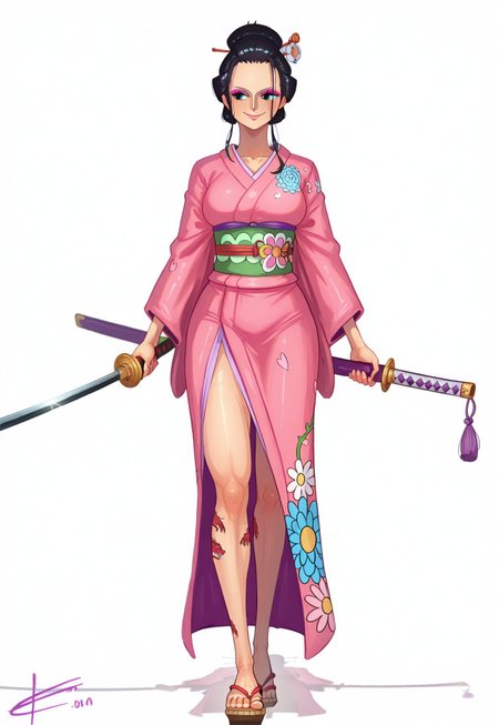safe_pos, 1girl, solo, nico robin(one piece), e 3lt0n3l, long kimono, legs exposed, zori sandals, dragon tatoo on leg, holding katana, smile, makeup
