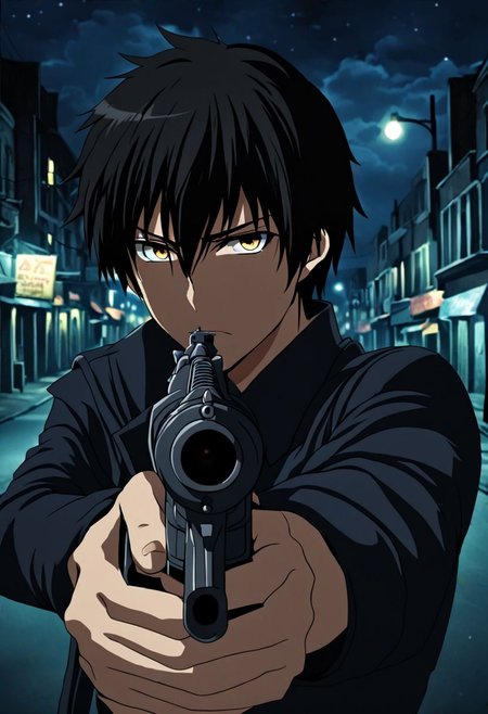 high resolution, solo, best quality, 1Boy, Kanie Seiya, Black Hair, portrait, midnight, dim street lights, mysterious, threatening, gun, aiming the gun to the viewer, OverallDetail