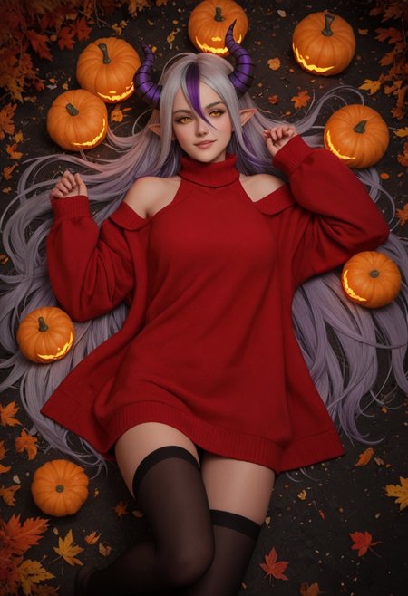 score_9, score_8_up, score_7_up, score_6_up, 
1girl, 25 years old, perfect face, looking at viewer, adult, sexy,
yellow eyes,
demon girl, demon horns, huge horns, striped horns, black horns, purple horns, pointy ears, 
multicolored hair, streaked hair, grey hair, purple hair, long hair, very long hair, hair between eyes, 
red sweater, oversized_clothes, bare shoulders, bottomless, black thighhighs, 
autumn, autumn leaves, 
night, glowing pumpkins, full moon, 
on back, on floor, lying, arms up, seductive smile,