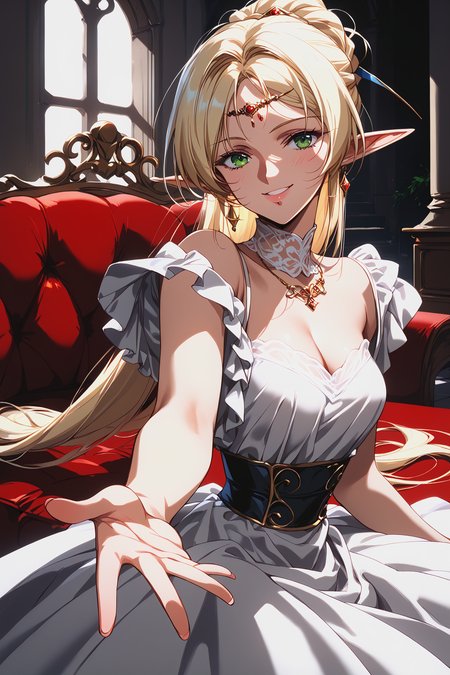 score_9, score_8,  score_7, score_6_up, score_5_up, reaching towards viewer,
deedlit, circlet, white dress, ball gown, (updo), short hair, bare arms,
beautiful face, 24 years old,
smile, green eyes,
bangs, 
record of lodoss war,
upper body,
palace, indoor, red carpet, medieval style dress, off shoulder, sleeveless, 
<lora:Degen_Deedlit_v1:0.55>,  <lora:TOO_NobuteruYuuki_v3B_PonyXL:0.55>,  <lora:PirotessXLpony001:0.3>,  <lora:Urushihara Satoshi_XL_PONY_V2:0.4>,  <lora:Sinozick_Style_XL_Pony:0.2>,  <lora:DefaultZ17:0.2>,  <lora:style1:0.2>,   <lora:pixivtext2:0.2>,