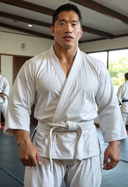 score_9, score_8_up, score_7_up, realistic, photorealistic, highly detailed, intricate details, depth of field, black hair, (shiny oily skin), mature male, mature, muscular, large pectorals, puffy nipples, (((htkangface))), East Asian face, male focus,bara,muscular male, pectorals, muscular, large pectorals, huge nipples, lactation, tanned skin, fucking, tanned skin, close up portrait, zoom in face, looking at viewer, (((folding arms))), white background,  indoors, seductive face, (((judo uniform, judo, martial arts clothes))), hairy body (((n3yuk1d0u)))
