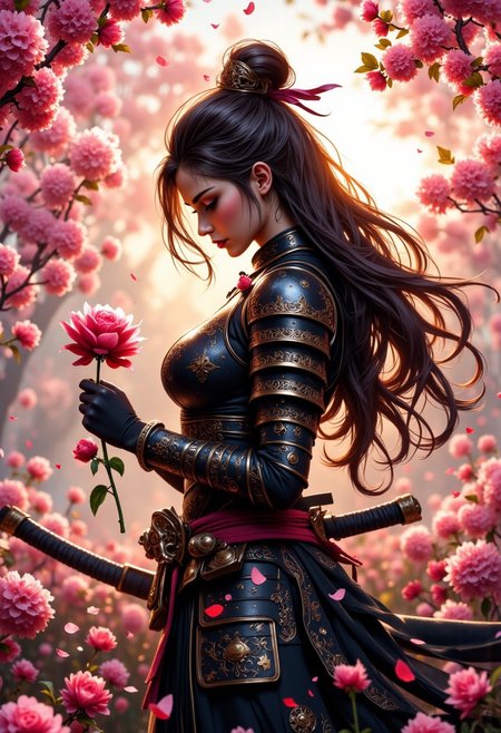 A female ronin in ornate samurai armor stands amidst a field of blooming cherry blossoms. The ronin holds a single rose delicately in her gauntleted hand, gazing down at it with a soft expression. Her long, flowing hair is adorned with small rose petals, carried by a gentle breeze. At her side, a large katana decorated with intricate engravings of roses rests against her leg. The sunlight filters through the petals, casting a warm, golden glow over the scene, enhancing the romantic yet powerful atmosphere.   <lora:dark_fantasy_flux:0.83> <lora:FredFraiStyle-FLUX-Share:0.63>, <lora:FluxMythP0rtr4itStyle:0.33> mythp0rt