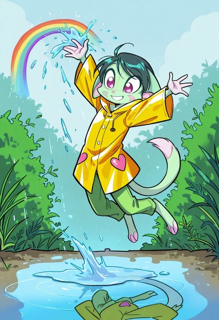 score_9, score_8_up, score_7_up,lilith_calah,
1girl,solo,furry,tail,dark green hair, source_furry,
 ,<lora:lilith_calah_illustrious:0.8>,
child, kid,
in a frog-shaped raincoat jumping into a puddle, creating a heart-shaped splash under a rainbow, raincoat, jumping, puddle, splash, heart_shape, rainbow, smile, short_hair, outdoor, cheerful, rosy_cheeks.